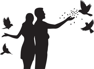 Bird Feeding Couple Silhouette | Valentine Love Illustration