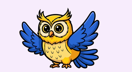 Fototapeta premium Cute Cartoon Owl with Blue Wings and Yellow Body Spreading Wings.