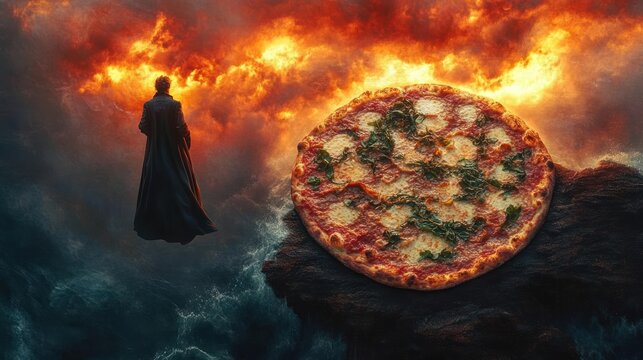 Mysterious cloaked figure facing a giant pizza on a rocky outcrop beneath a fiery sky and turbulent sea, dramatic and surreal confrontation - Powered by Adobe