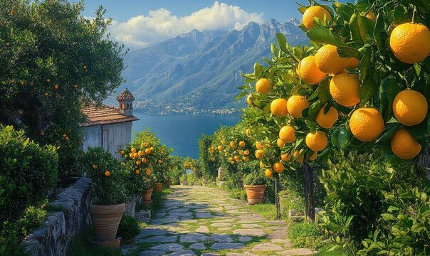 sunlit stone path through a citrus grove with ripe oranges, terracotta pots and a rustic waterside cottage overlooking a serene lake and distant mountains, peaceful and inviting
