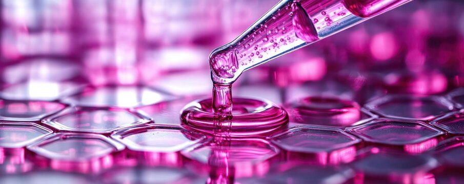 Close-up of a glass pipette releasing a vibrant pink droplet onto hexagonal wells with glossy reflections, ripples, and a precise clinical scientific mood