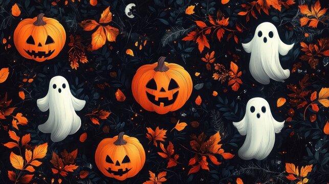 playful spooky scene of smiling carved pumpkins and friendly floating ghosts among orange autumn leaves on a dark background - Powered by Adobe