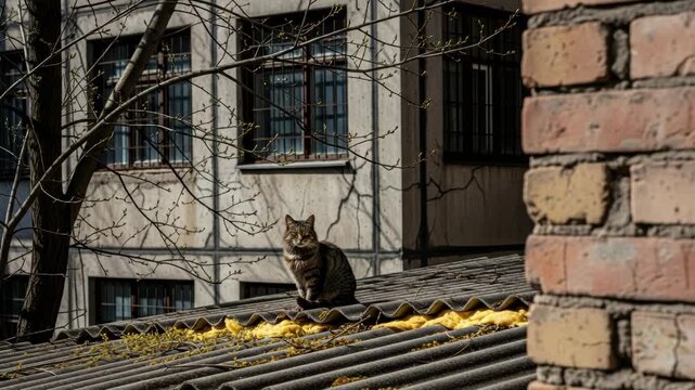 A lonely tabby cat sitting on an old corrugated roof in a gritty urban setting. The domestic feline is basking in the sun in a city backyard on a bright spring day