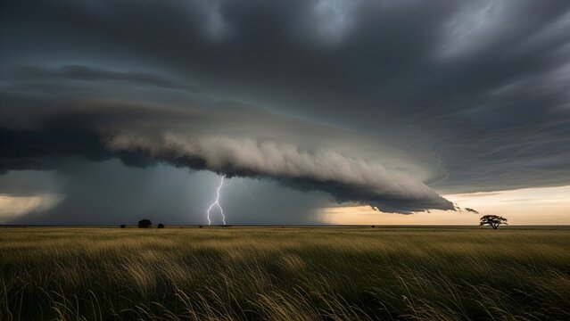 Dark Storm Cloud Over Open Field with Lightning Strike and Dramatic Sky
