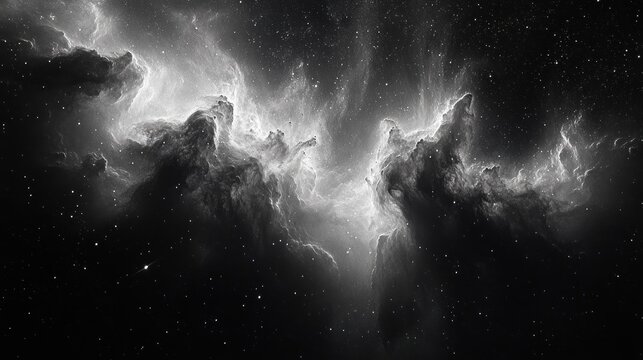 monochrome cosmic nebula with towering luminous gas clouds, billowing dark plumes and scattered stars, a dramatic and mysterious scene evoking awe and wonder - Powered by Adobe