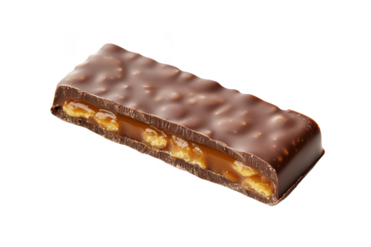 A close-up of a chocolate candy bar its smooth. shiny exterior and layers of caramel and crunchy elements. ideal for food photography or sweet treat promotions