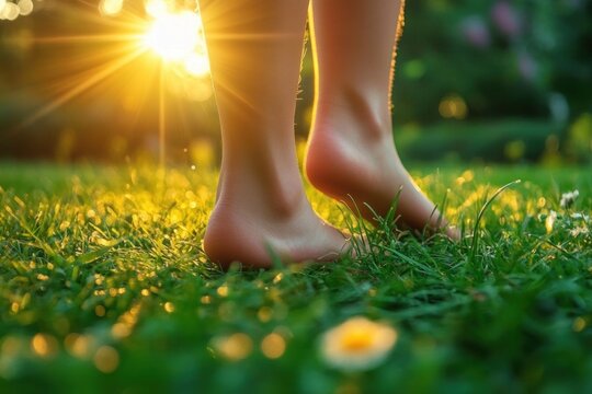 bare feet of a child on dewy grass at golden sunset with small daisies, warm serene carefree mood