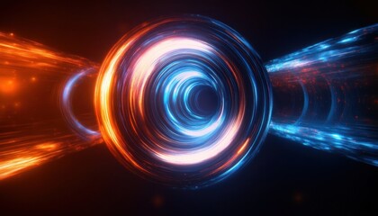 Glowing central vortex of concentric rings with two streaming trails of orange and blue light, swirling particles and intense futuristic energy
