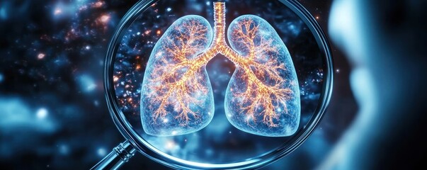 Magnified glowing human lungs with illuminated bronchial tree under a magnifying glass, evoking scientific scrutiny and urgent concern