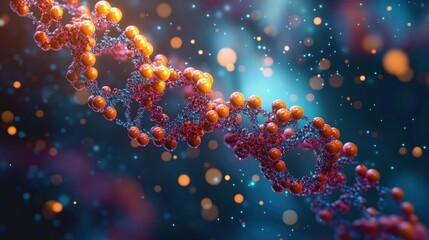 Glowing double helix of orange spheres and intricate red-blue molecular strands surrounded by floating light particles, conveying wonder and futuristic scientific discovery