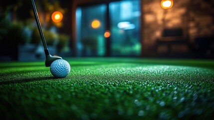 Golf club poised behind a dimpled ball on glistening green turf at night with warm bokeh lights, calm focused practice mood