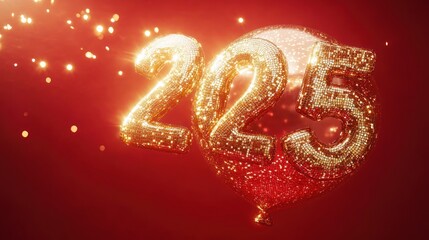glittering gold mosaic number balloons 225 attached to a red round balloon with sparkling lights on a deep red background, festive and glamorous celebration mood