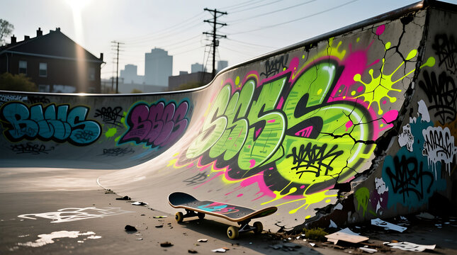 Skateboard ready for action at vibrant skate park, colorful graffiti art adds to urban energy, inviting scene for extreme sports enthusiasts and street culture lovers