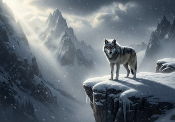 A wild wolf howls at the moon in a cold, snowy, white winter mountain landscape