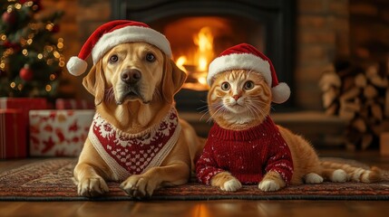 golden dog and orange tabby cat in matching red knit sweaters and santa hats lying on a rug by a glowing fireplace and decorated tree, warm and joyful