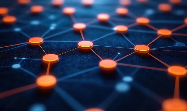 Glowing orange nodes linked by thin lines on a dark blue textured backdrop, an abstract digital network conveying dynamic, futuristic connectivity and energy