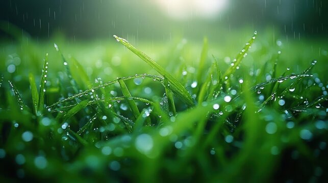 Close-up of fresh green grass blades dotted with water droplets and falling rain under soft glowing sunlight, evoking refreshing calm and serenity
