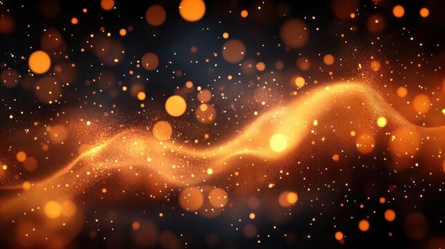 golden bokeh and shimmering particles forming a flowing wave over a dark background, warm dreamy and magical atmosphere