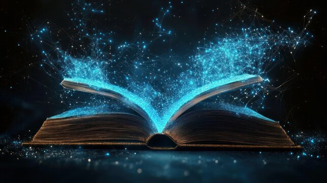 open book with glowing blue particles and a luminous network rising from its pages on a dark background, evoking wonder, magic, and discovery - Powered by Adobe