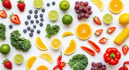 A colorful arrangement of fruits and vegetables on a white background.