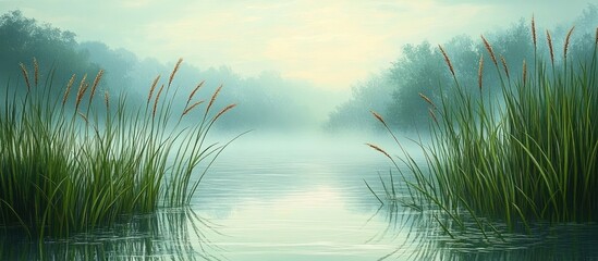 Misty wetland with tall reeds and rust-colored seed heads, calm reflective water, distant tree silhouettes and soft pastel sky evoking peaceful stillness