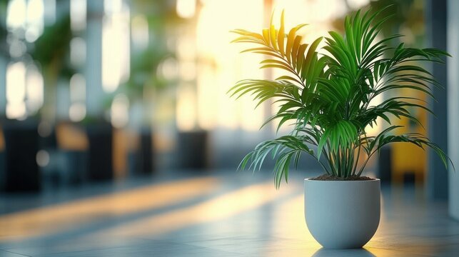 Sunlit potted palm on a polished floor in a modern lobby with blurred windows, warm morning light and a calm, serene atmosphere