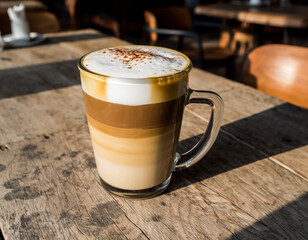 Layered latte coffee with milk foam in a clear glass mug on a wooden table.