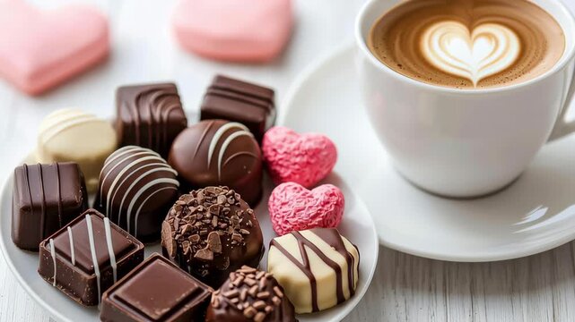 Chocolate truffle assorted praline latte art coffee cup heart shape pink candy sweet dessert white plate gourmet chocolate romantic mood heart latte