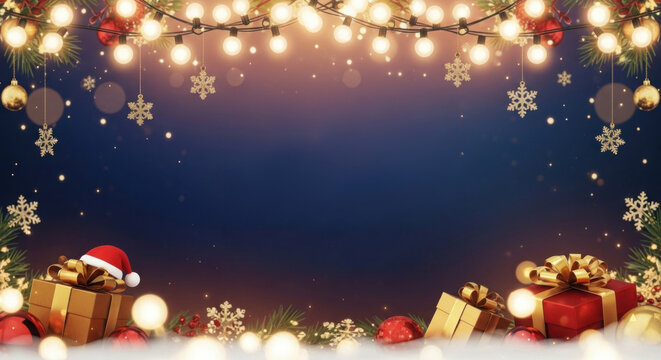 Christmas lights and ornaments on a dark background with snowflakes and presents.