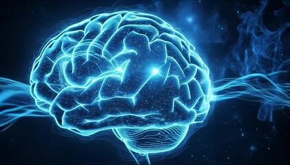 Dynamic glowing brain activity visualization for science education and medical research projects, modern technology and futuristic design - Powered by Adobe