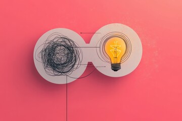 Two connected white circles on a textured pink background showing a chaotic black scribble linked by lines to a glowing light bulb, evoking transformation, clarity, and inspiration