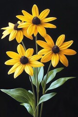 five cheerful yellow daisy-like flowers with dark brown centers on slender green stems and leaves against a deep black background evoking warmth and uplifting serenity