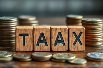 Wooden letter blocks spelling TAAX surrounded by stacked and scattered coins on a wooden table, evoking financial concern and tax burden