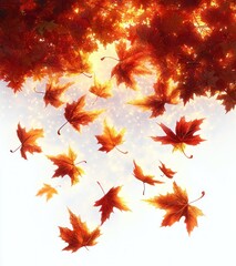 red and orange maple leaves falling through glowing golden light under a tree canopy, peaceful and magical autumn scene