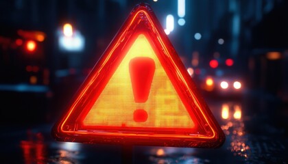 neon glowing red triangular warning sign with exclamation mark on wet urban street at night, urgent tense atmosphere