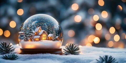Snow globe with a miniature snow-covered village and glowing cozy houses among evergreen trees on a wooden base, resting on fresh snow with pine sprigs and warm bokeh lights, evoking peaceful magic