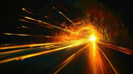 golden tunnel interior with streaking light trails and a bright vanishing point conveying speed, motion and intense energy