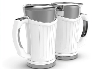 3d rendering of white and grey blender jugs with handles on solid background for kitchen appliance and product design