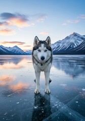 Siberian husky sled dog portrait on a white snow winter day is a cute purebred animal friend with blue eyes and black and white fur