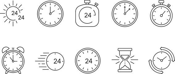 Set of Ten Outline Vector Icons for Time Management, Including Clocks, Stopwatch, Alarm Clock, Hourglass, and 24-Hour Service Symbol, Ideal for Scheduling and Measurement Concepts.