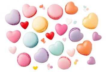 A arrangement of colorful macarons and heart-shaped candies scattered artistically on a white background. perfect for dessert-themed promotions or festive celebrations