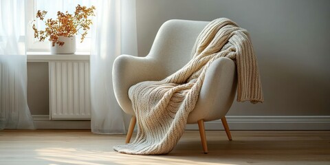 cozy cream armchair draped with chunky knitted blanket beside a sunlit window with a vase of dried flowers, sheer curtains and warm wooden floor creating a calm inviting atmosphere