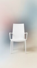 Minimalist white modern armchair is centered against a softly colored gradient background