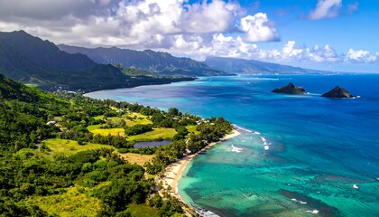 Aerial view of a tropical coastline with verdant green hills and turquoise water under a bright blue, partly cloudy sky