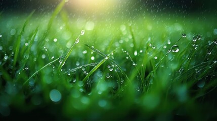 Close-up of fresh green grass blades with sparkling dewdrops and soft morning bokeh light, evoking calm and refreshed serenity