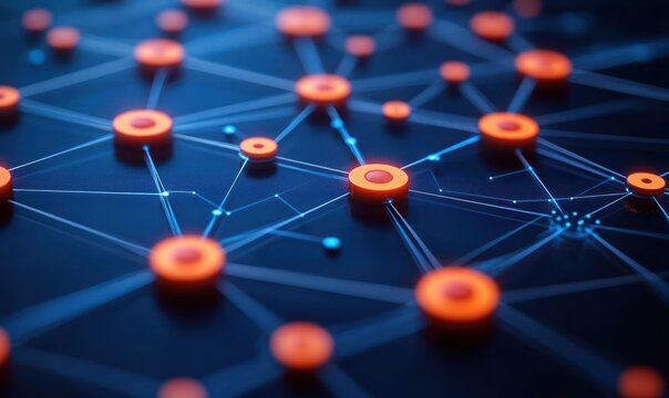 Futuristic glowing orange nodes connected by blue light lines on a dark surface, abstract digital network conveying dynamic connectivity and energy