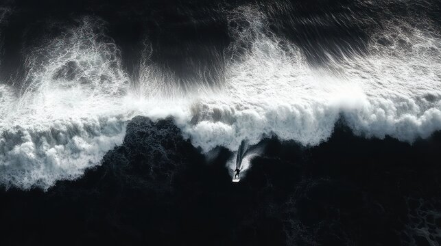 aerial view of a lone surfer cutting through a towering dark wave with white foamy crest and spray, dramatic contrast conveying exhilaration and solitude