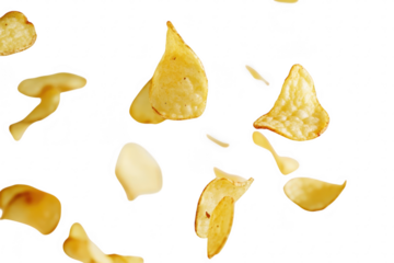 A dynamic shot of golden potato chips gracefully falling against a clean. white background. capturing the essence of snack time and the joy of indulgence