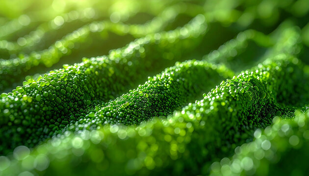 Rolling Hills of Greenery: Lush, textured waves of vibrant green create a mesmerizing visual symphony, illuminated by soft sunlight and embodying the essence of growth and vitality.