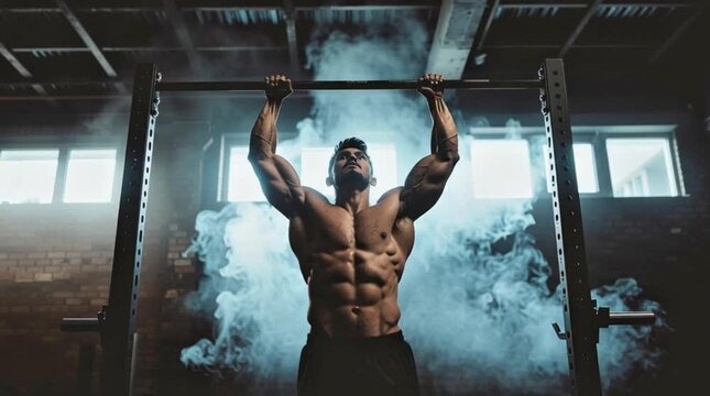 Muscular man doing intense pull-ups in a smoky gym, showcasing strength and dedication.